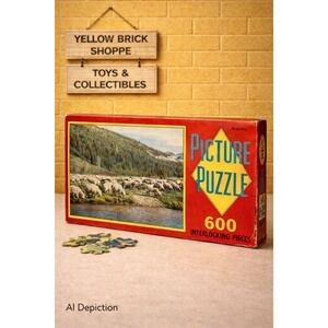 Vintage Built-Rite 600 Piece Puzzle Sheep Mountain River Scene USA